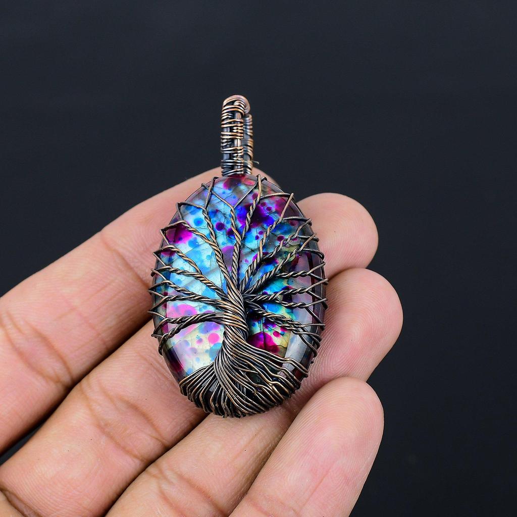 Древо жизни Multi Flash Лабрадорит драгоценный камень Чистая медная проволока обернутая подвеска ручной работы ювелирные изделия