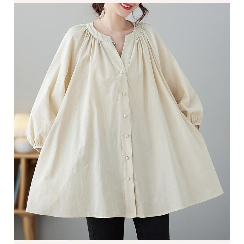Весенне-летняя женская однотонная рубашка с v-образным вырезом и рукавами-фонариками, хлопково-льняная рубашка больших размеров