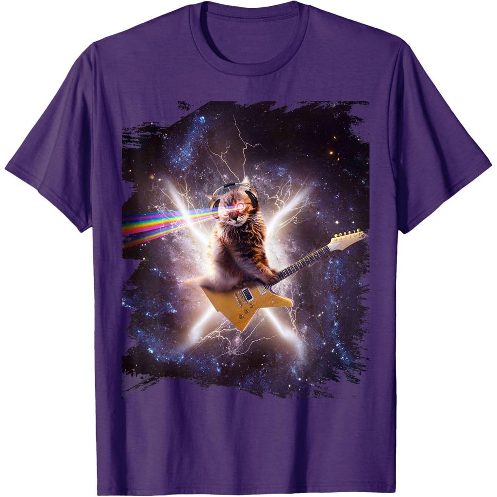 Laser Cat Playing Guitar Space Galaxy Lightning Graphic Mens Tshirt