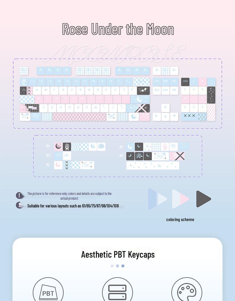 Лунная Роза Синий и Розовый Пятисторонние Сублимационные PBT Клавиши для Механической Клавиатуры