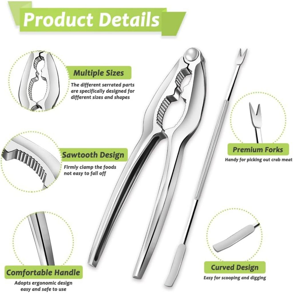 Stainless Steel Crab Leg Tools, including Lobster Cracker and Forks, Heavy Duty Shellfish Nut Cracker Set, Seafood Tools for King Crab Legs Shellfish