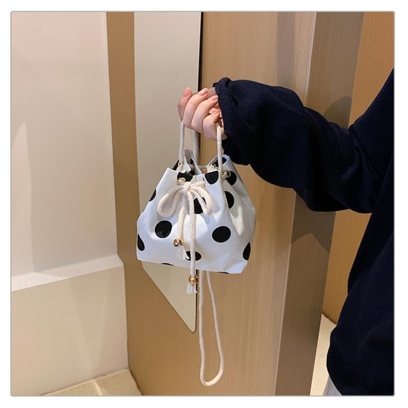 Polka Dot Nylon Drawstring Crossbody Bag Soft Lightweight Adjustable Strap Fashion Shoulder Purse for Women Shopping
