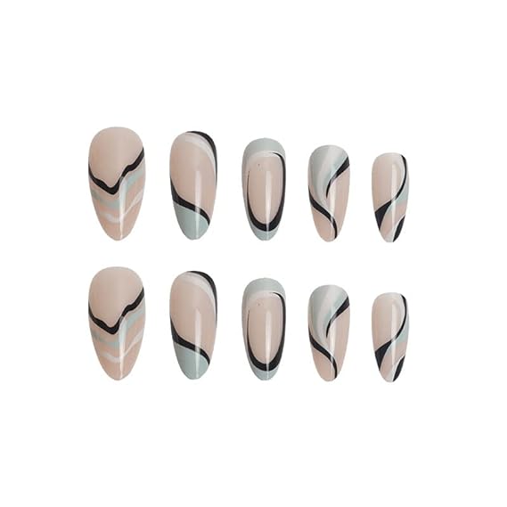 Artifical Nail Extension Almond Shape with Blue and White Geomatric Lines 24 Pieces Set with Kit