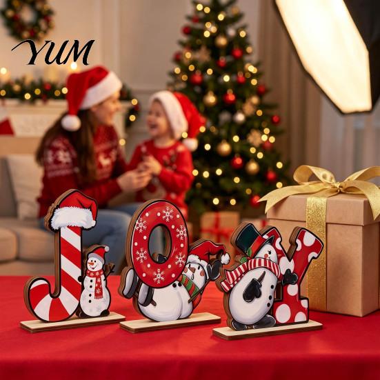 Wooden Holiday Table Sign 3Pcs/Set Christmas Snowman Ornaments with JOY Letters, Cute Stable Tabletop Accent Base Desktop Decoration for Party Dinning