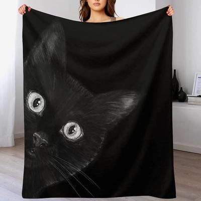 Черный кот на черном пледе Мягкий домашний декоративный плед для дивана спальни