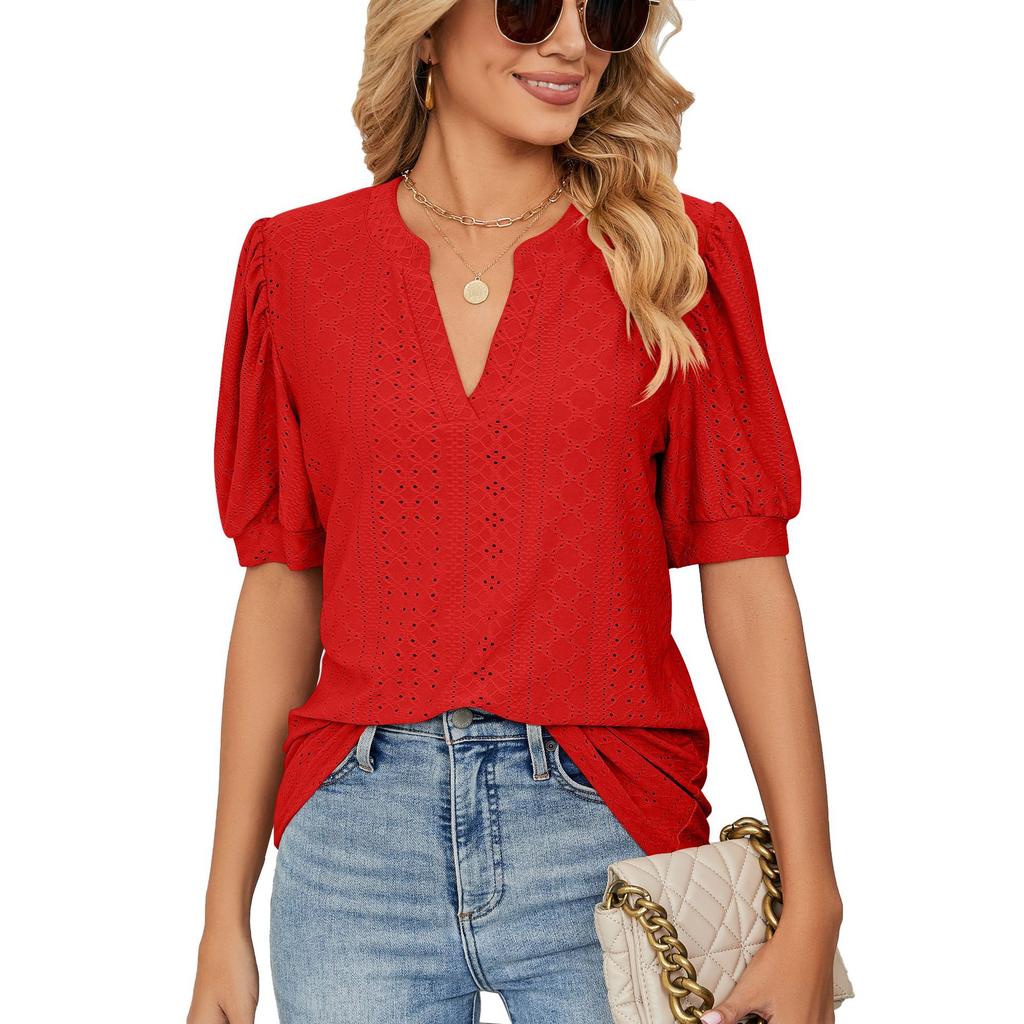 Womens Tops V Neck Ruffle Sleeve Blouses Short Sleeve Casual Tops T-Shirts for Women Autumn Winter