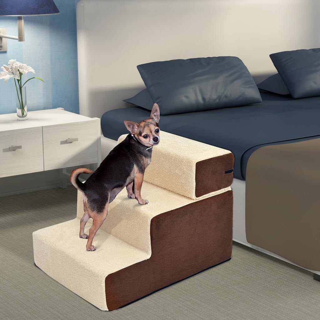 Pet Stairs Dog Stairs Cat Stairs 3 Steps for Cats and Dogs Plush Beige 54 x 40 x 39cm
