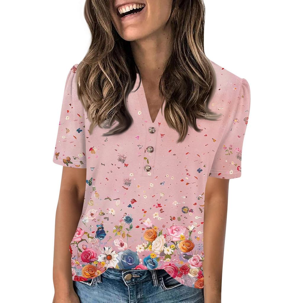 Женский модный повседневный свитер с коротким рукавом и принтом на пуговицах и V-образным вырезом