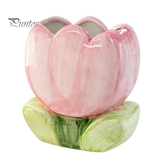Ceramic Flower Pen Holder Handmade Tulip Cosmetic Storage Box Makeup Brush Organizer Flower Pencil Holder for Home Office Desk