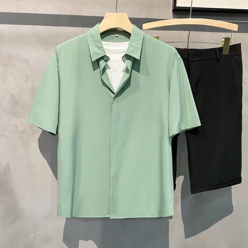 Мужская рубашка в японском стиле из высококачественного шелка Ice Silk Drape - летняя, с коротким рукавом, свободный крой