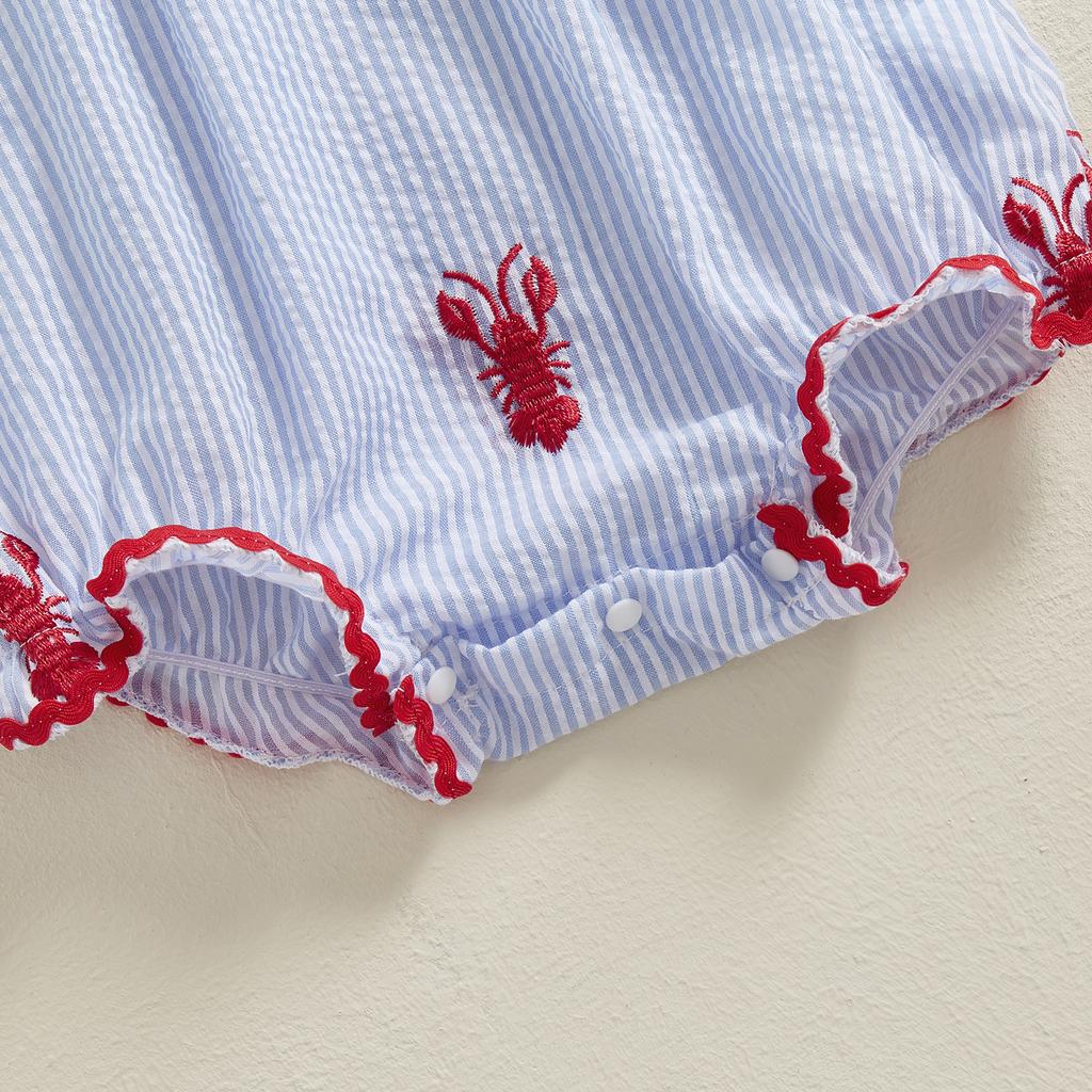 Baby Girls Rompers Lobster Embroidery Round Neck Fly Sleeve Infant Bodysuits Jumpsuits