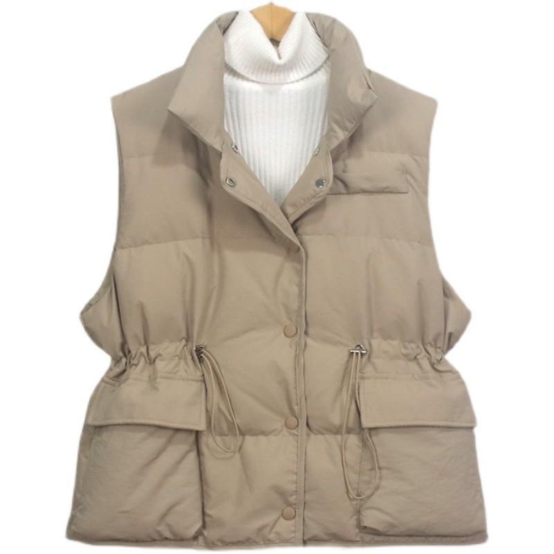 Womens Short Puffer Vest With Waist Belt Stand Collar Slim Fit Duck Down Filled Sleeveless Outerwear