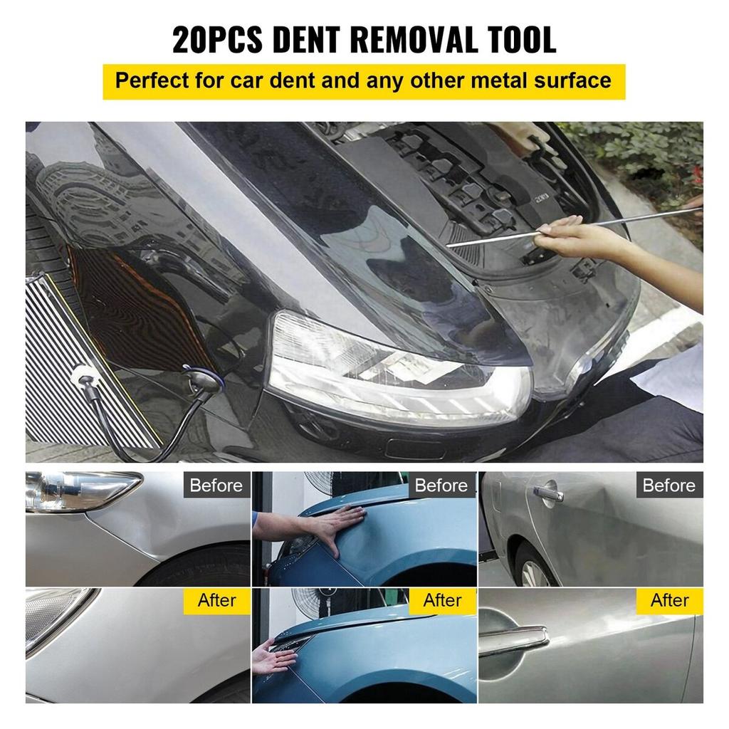 Rods Dent Removal Kit, 20 Pcs Paintless Dent Repair Rods, Stainless Steel Dent Rods, Whale Tail Dent Repair Tools, Professional Hail Dent Removal Tool