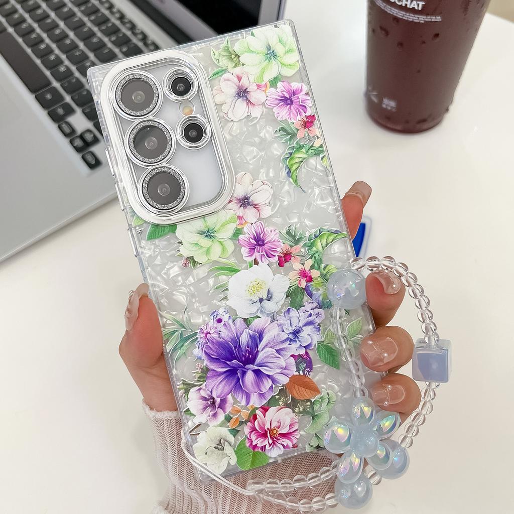 Samsung S25 Ultra Mobile Phone Case Laser Texture Flower and Grass Lens Film S24FE Bracelet A56 Electroplated Hard Shell