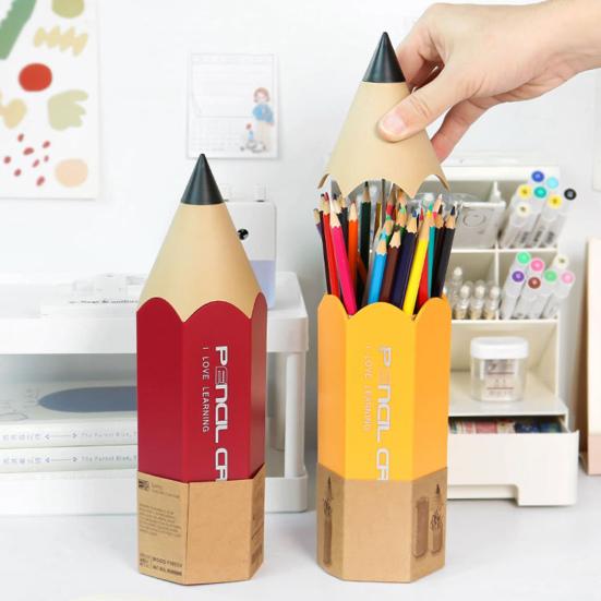 Pen Holder with Dustproof Lid Pencil Shape Large Capacity Student Classroom School Desktop Pen Makeup Brush Storage Organizer Container