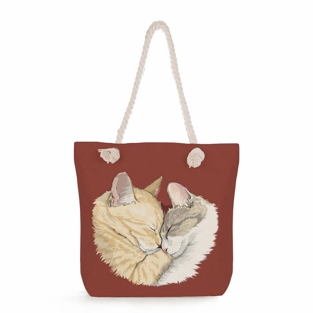 Cat print thick rope single-shoulder beach bag 7215 KTB