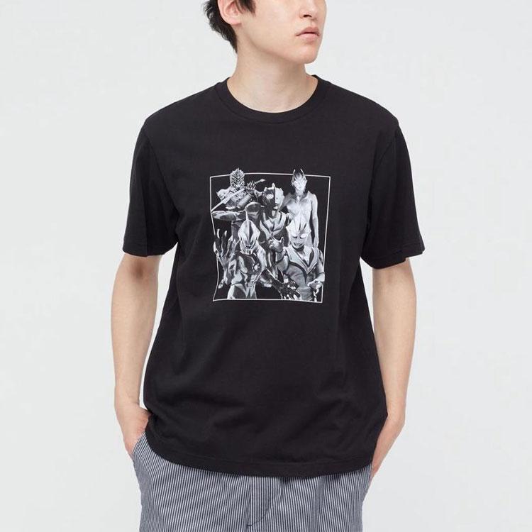 Uniqlo Мужская футболка с коротким рукавом, цветные блоки, мультяшный принт, серия X Ultraman, Топы, Черный 438341-09