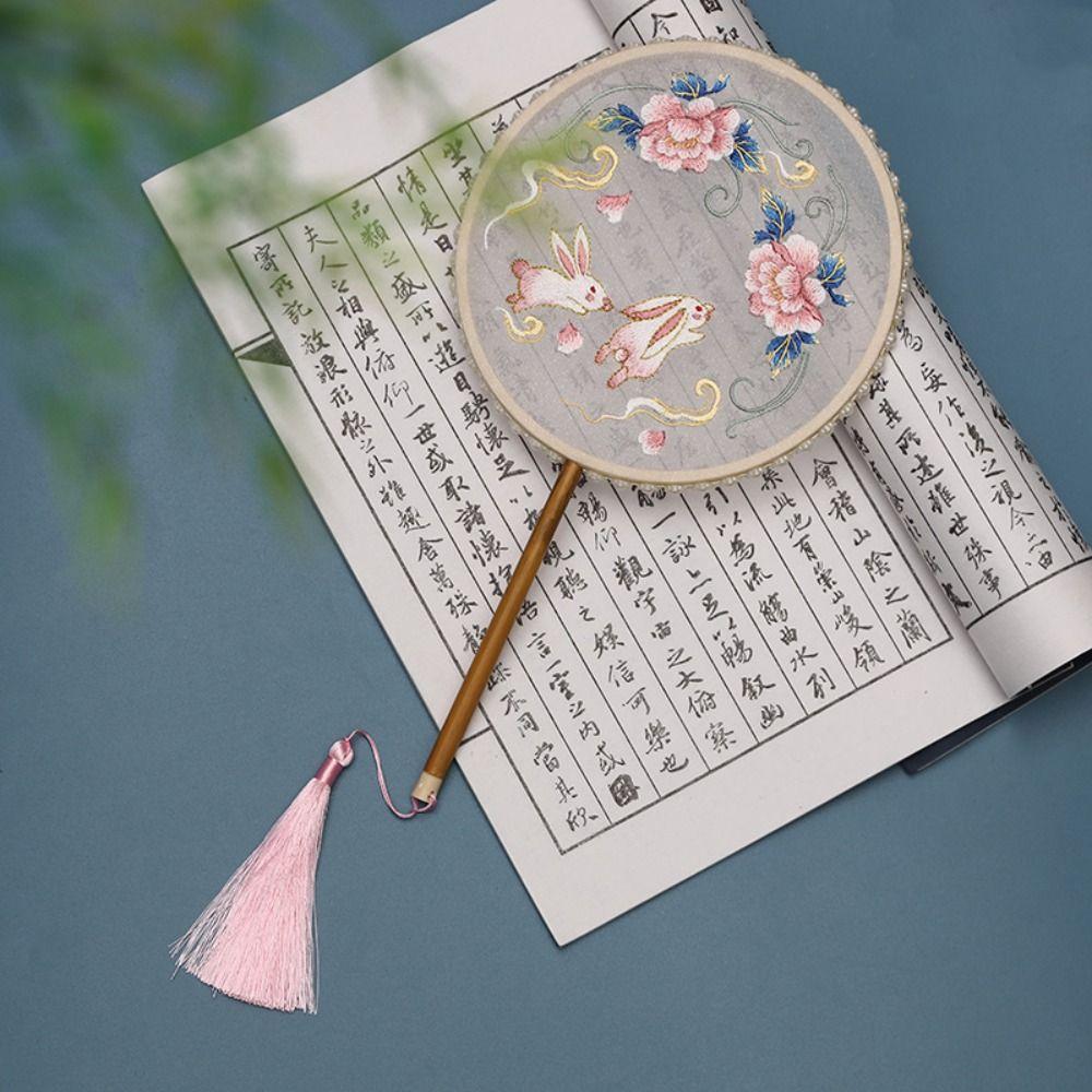 Классический круглый веер в китайском стиле, винтажный вышитый шелковый веер, двусторонний с кисточкой, ручной веер для женщин