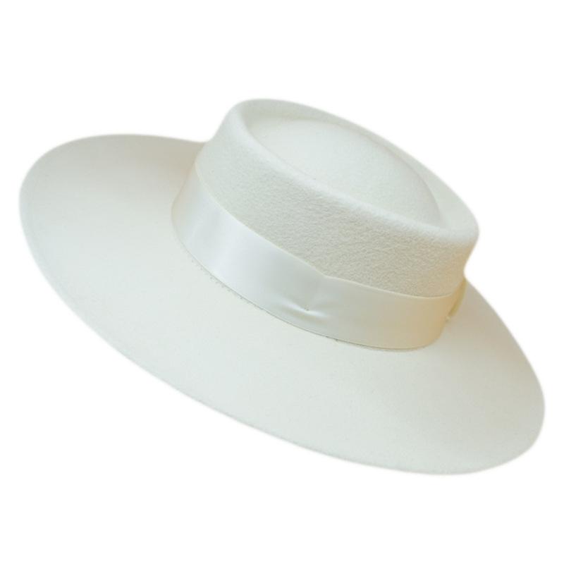 Внешняя торговля Белый Широкие поля Широкие поля Шерсть Плоский верх Верхний цилиндр Женский Осень и зима Британский Ретро Универсальный Французский Знаменитость Фетр