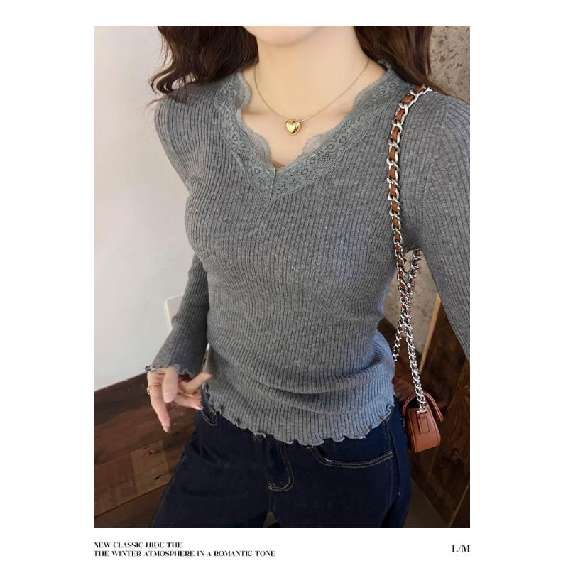 Fashion V Neck Lace Splice Knitted Bottoming Shirt Women's Elegant Casual New Slim Fitting Top Elegant Solid Color Sweet Long Sleeve Clothing
