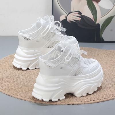 Модные 11 см Сетчатые Кружевные Натуральная Кожа Удобные Тапочки на Платформе и Танкетке Высокий Бренд Дышащие Летние Туфли на Платформе и Танкетке Повседневная Обувь