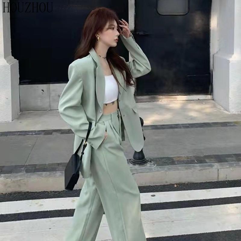 HOUZHOU Базовые костюмы женские винтажные элегантные офисные деловые корейские свободные зеленые брюки с высокой талией и широкими штанинами