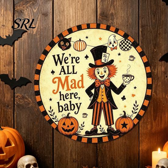 Vintage Style Wall Plaque Retro Halloween Sign, Round Metal Decorative Festive Home Ornament Rustic Art Decor for Living Room Party Decoration