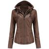 Women's Removable Hooded Faux Leather Jacket Motocross Racer Biker Double Zip Slim PU Motorcycle Short Moto Coat Classic Bomber Outerwear S-4XL
