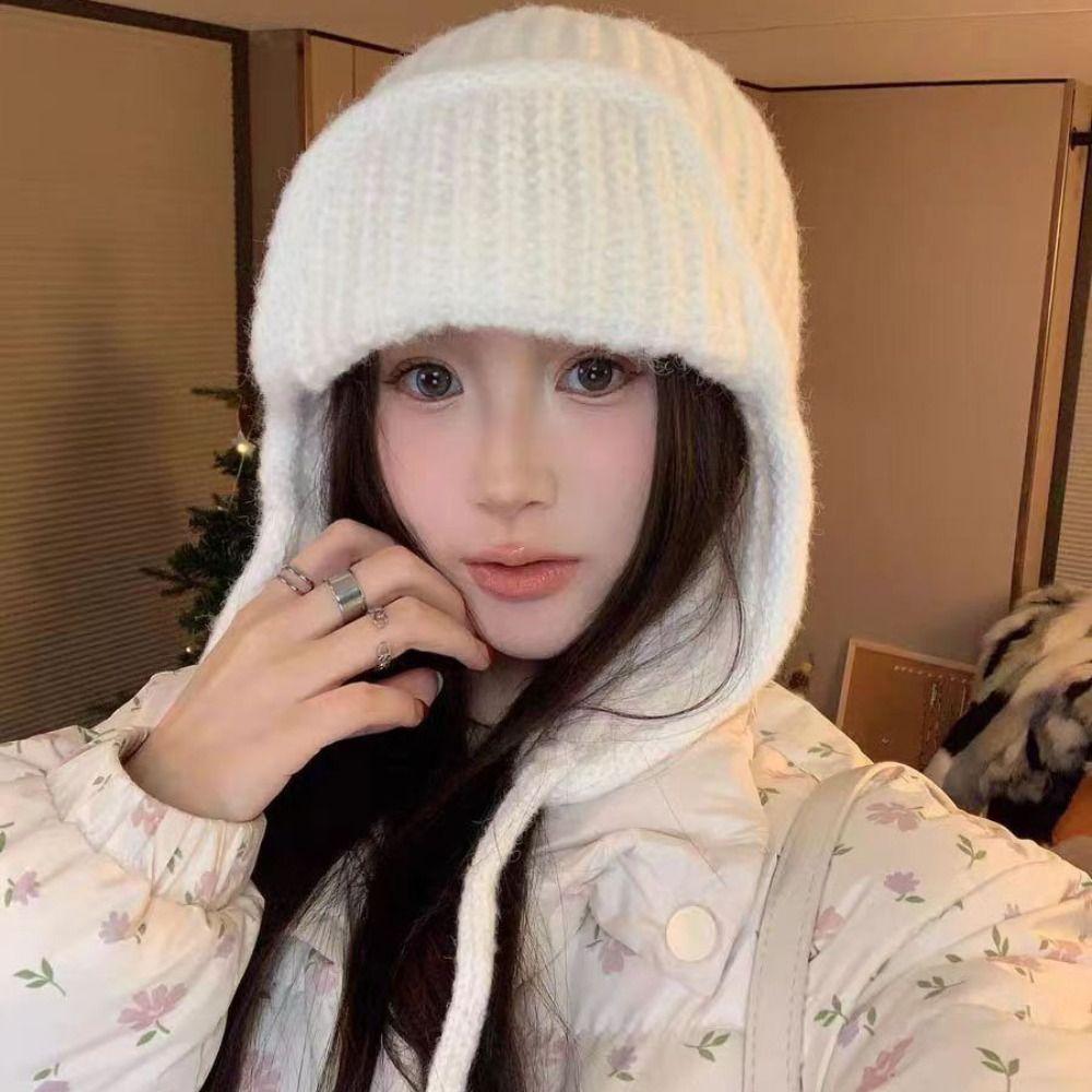 Windproof Women Knitted Hat Solid Color Wool Pullover Hat Sweet Ear Protective Hat Ladies