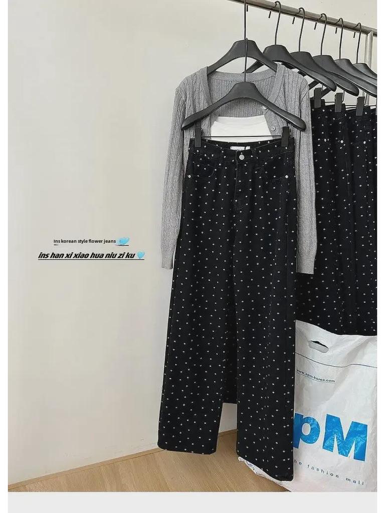 Женские широкие джинсы с высокой талией в черный горошек на осень - Большие размеры