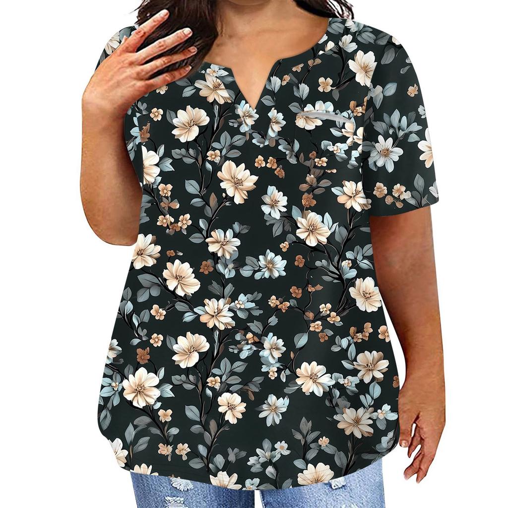 Женская футболка большого размера, повседневный топ с карманами и V-образным вырезом с короткими рукавами