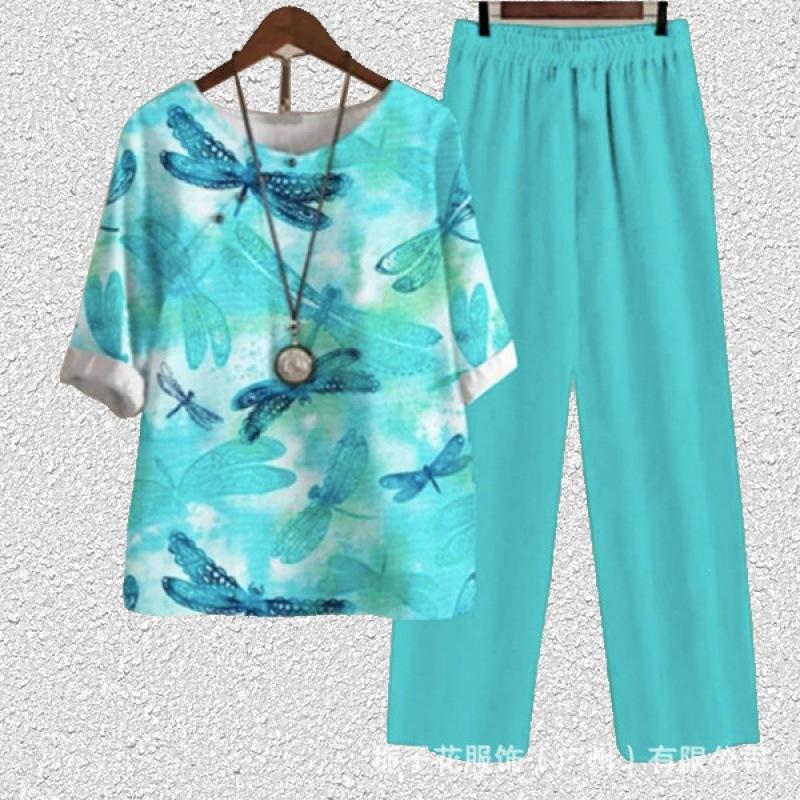 1116 new women's clothing, casual round neck five-quarter sleeve top, digital printing women's two-piece suit