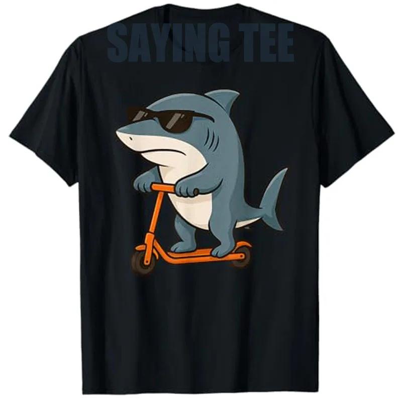 Shark Riding Scooter Graphic TShirt Funny Animal Lover Boys Girls Summer Casual Tee