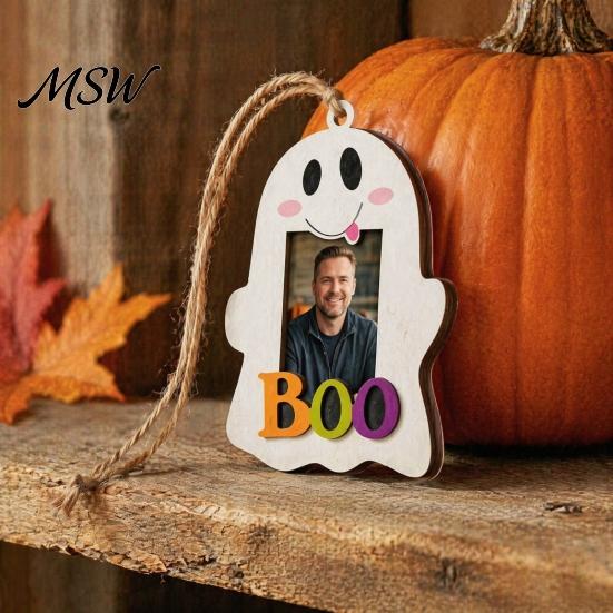 Halloween Keepsake Frame Cute Ghost Wooden Photo with Hanging Rope, Creative Durable Slot Picture for Holiday Party Decor And Home Wall Decoration