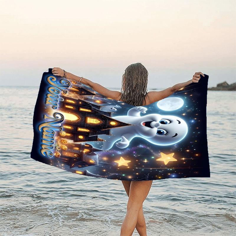 1pc Casper Beach Towel with Custom Name, Beach and Seaside Swimming Pool Equipment, Fashion Pattern, Rectangular, Travel Essential