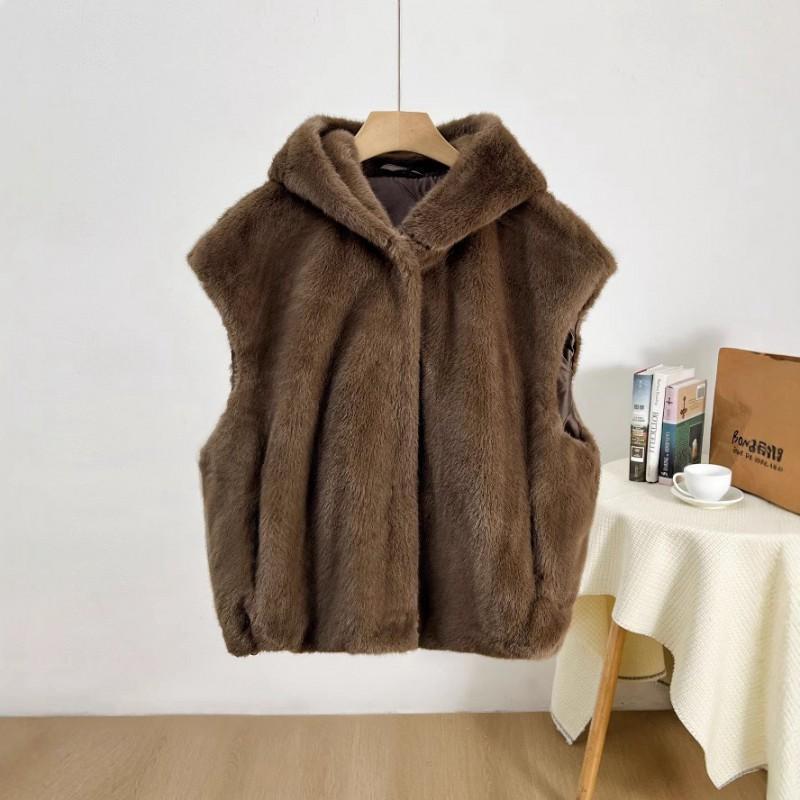 Новый женский жилет с капюшоном из искусственного меха, короткий, на пуговицах, повседневная верхняя одежда