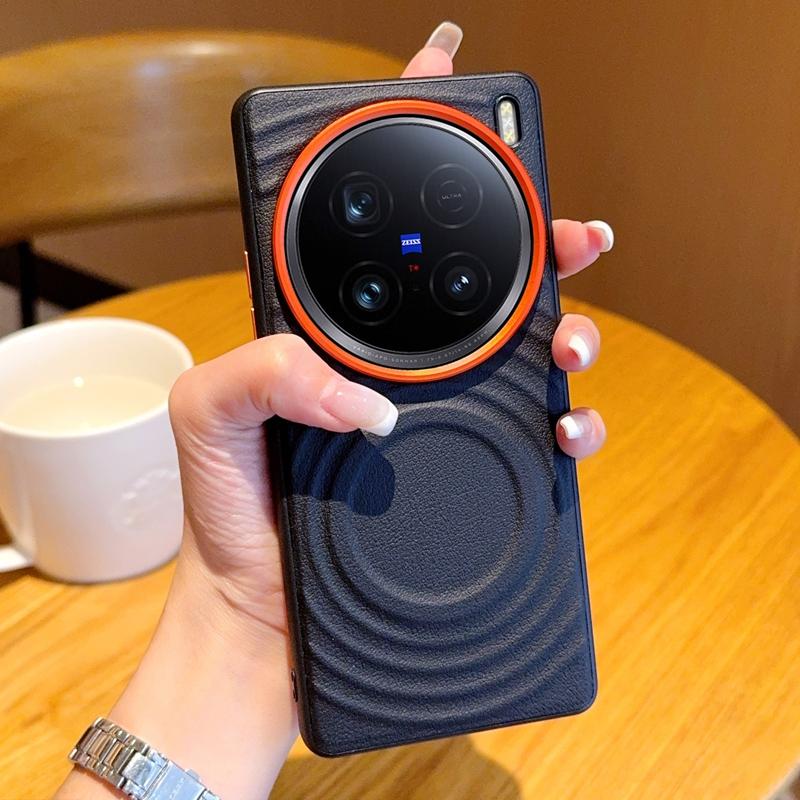 Чехол для Vivo X100 X100S Pro Ultra, Магнитный, С узором «Волна», Кожаный, Оранжевый, Защита рамки объектива камеры, Мягкая задняя крышка из ТПУ