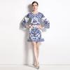 Autumn Vintage Brand Designer Print Runway Dresses Women Flare Sleeve Mini Short Party Dress