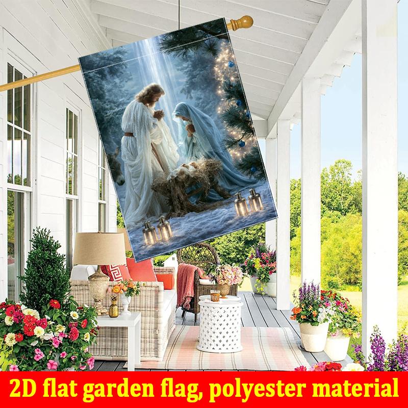 2D Flat, 2D Flat Printing 1pc Winter Christmas Snow Jesus Birth Pattern Print Garden Flag-double Sided Garden Flag, Outdoor Decoration, Lawn, Flag Onl