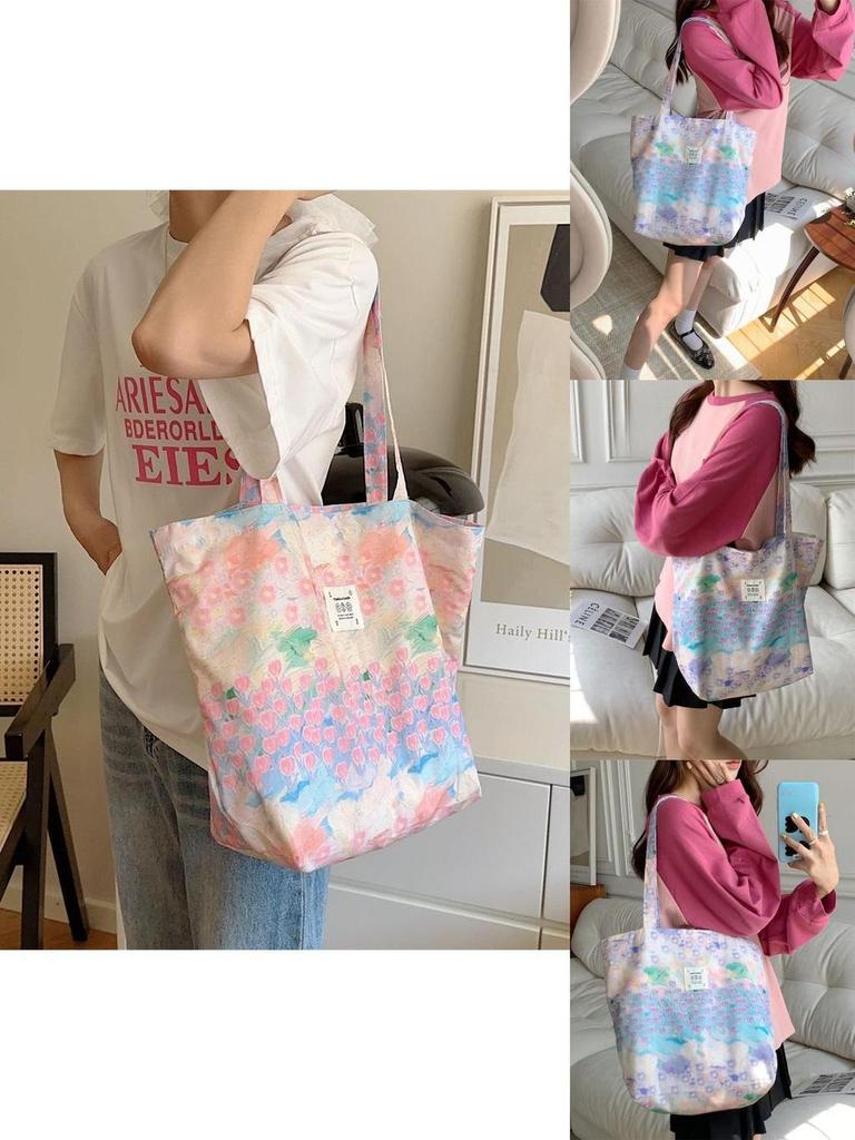 Pink Floral Canvas Tote Bag With Soft Cotton Material And Trendy Street Fashion