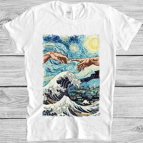 Канагава Руки Бога Звездная ночь Ван Гог Мем Подарок Топ Футболка T-Shirt 6051