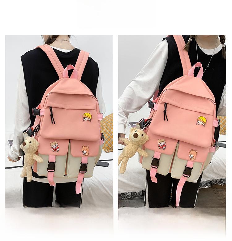 Korean Style Five-Piece School Backpack Set for Girls – Fashionable Color-Match Design