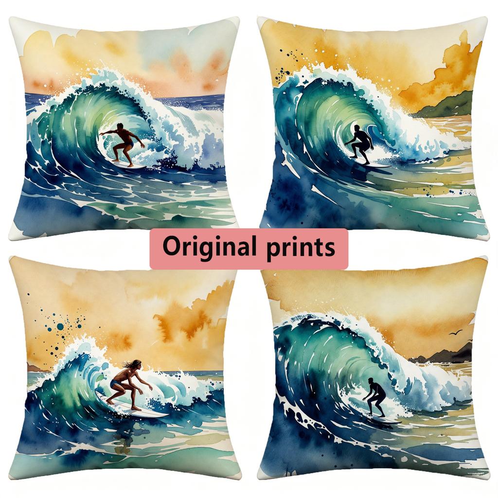 Watercolor Surfing Scene Decorative Throw Pillow Covers Pattern Cushion Cover Suitable for Sofa Bedroom Car Pillow Cover