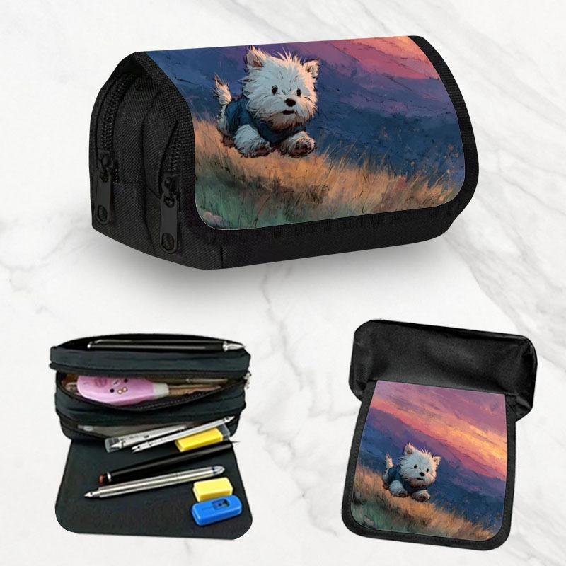 Large Capacity Pencil Pouch Featuring a White Dog Painting Style, Perfect for School, Office Stationery Organization, Or As a Makeup Bag for College S