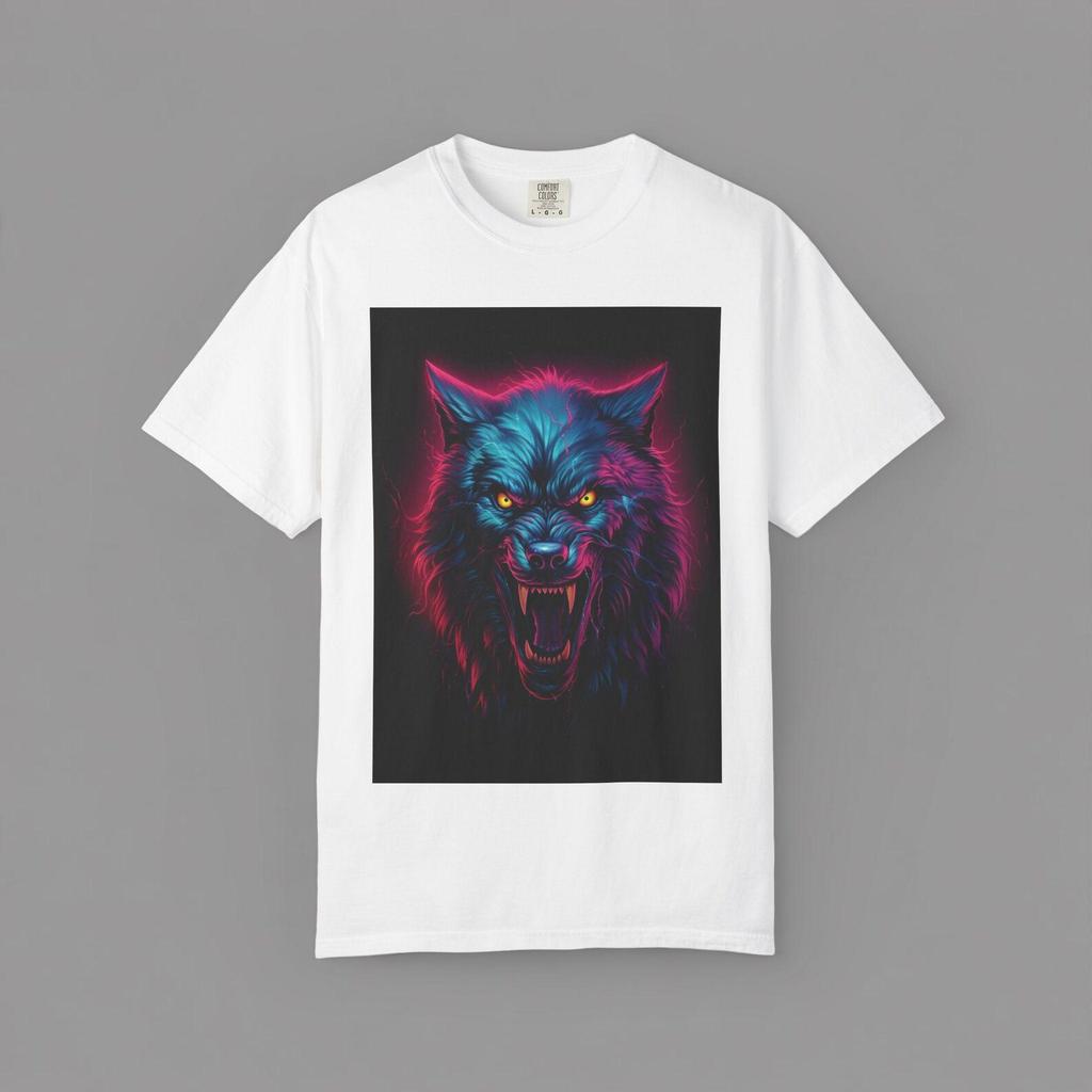 Neon Wolf Head T-Shirt and kids tshirt | Glowing Howl Graphic | Unisex Heavyweight T-Shirt and kids tshirt