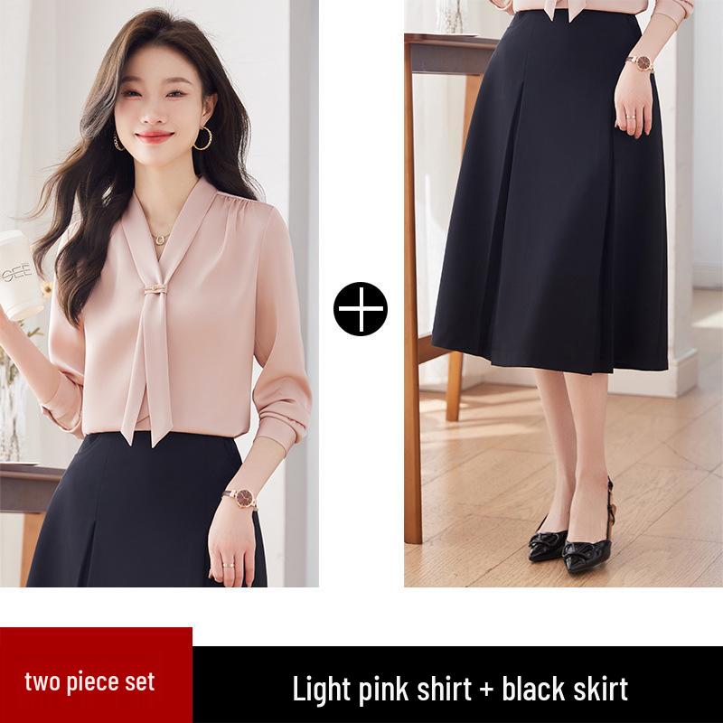 Весна 2024 Женская блузка из струящегося атласа с воротником-стойкой и завязками - Свободный крой, Профессиональный OL-дизайн