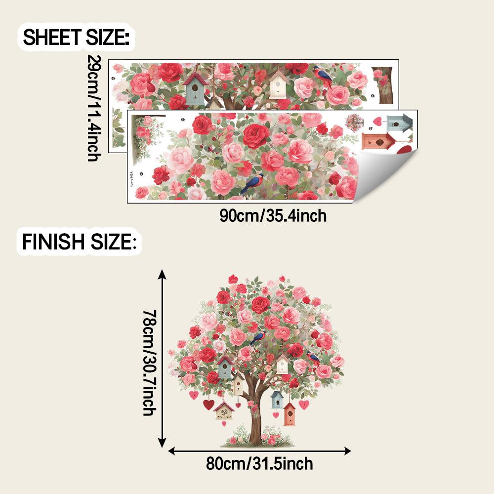 The Rose Flowers On The Big Tree and The Decorative Wall Stickers for The Living Room and Bedroom of The Birdhouse