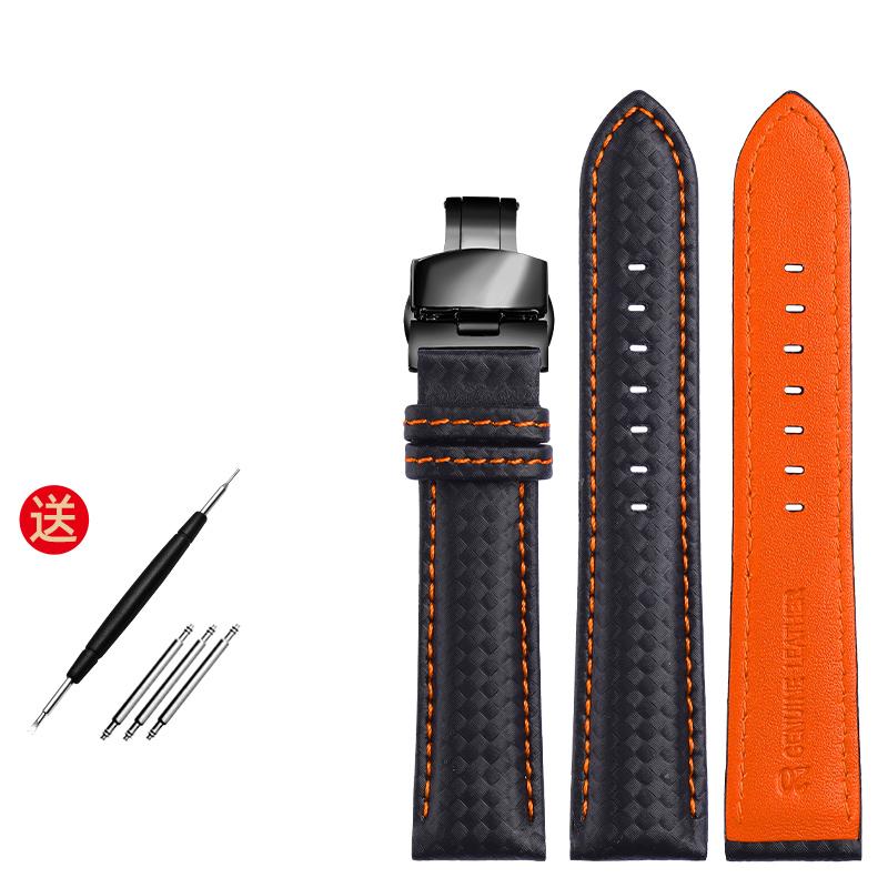 Genuine Leather Bracelet Carbon Fiber Grain Watchband Red Stitching 18mm 20mm 22mm Watch Band Strap Accessories Butterfly Buckle