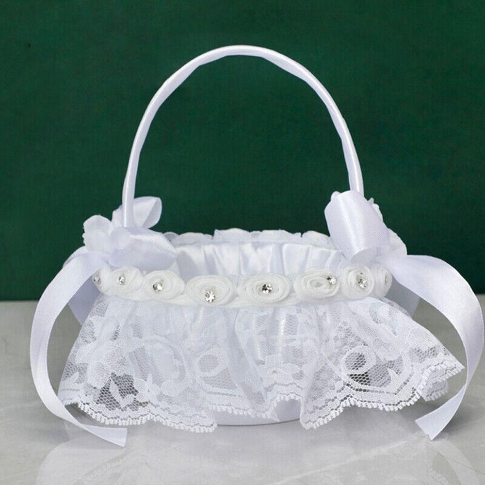 Праздничный Домашний Декор Стразы Кружево Жемчуг Романтичный Белый Свадебная Цветочная Корзина Корзина для Девочки с Цветами