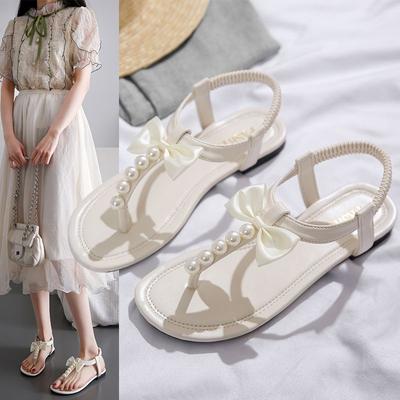 Обувь бежевая Лето 2024 Без каблука Алмазные женские туфли Плоские резиновые сандалии для женщин Шлепанцы Бантик Стразы Азиатский размер HF